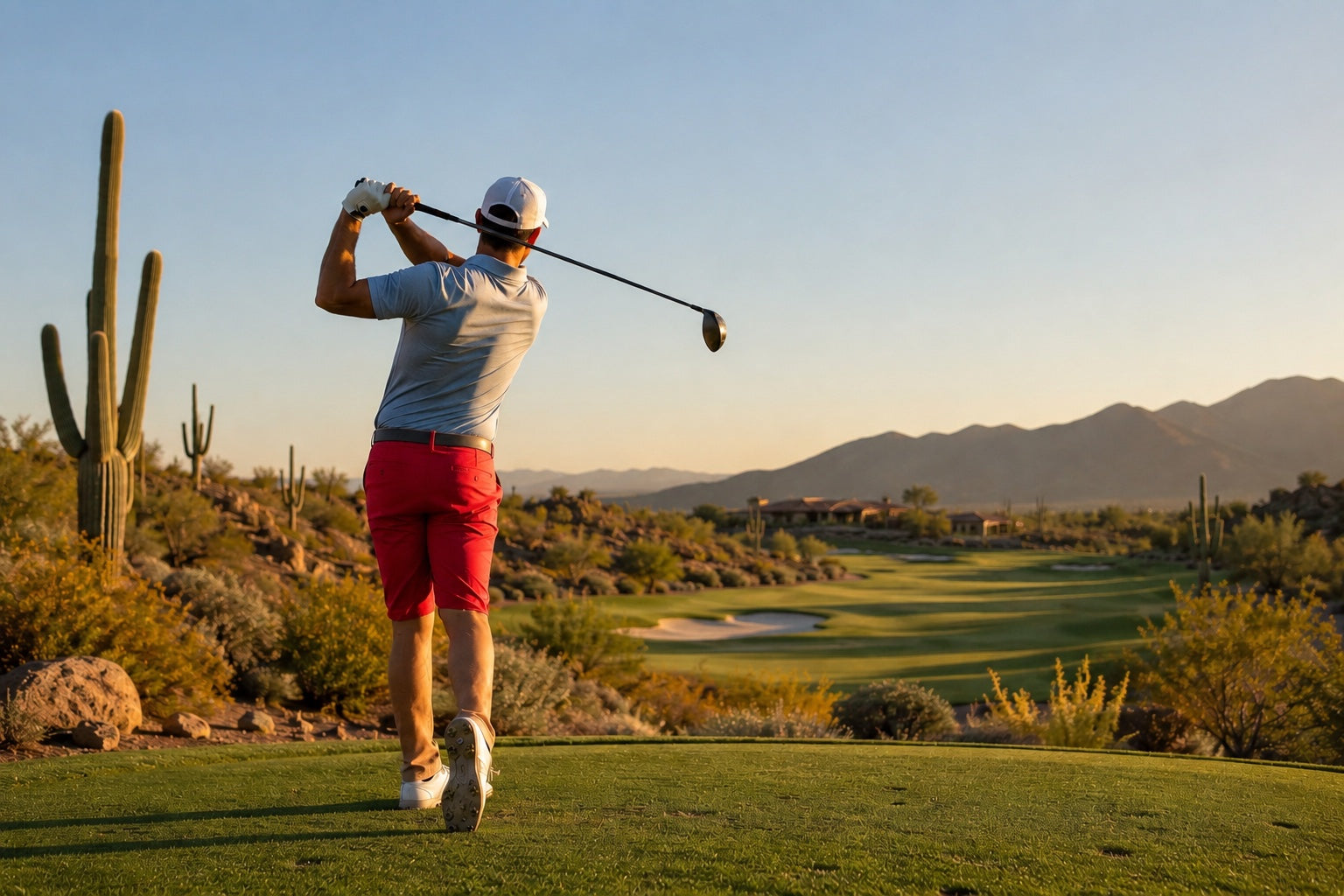 Golfer mid-swing on a desert course