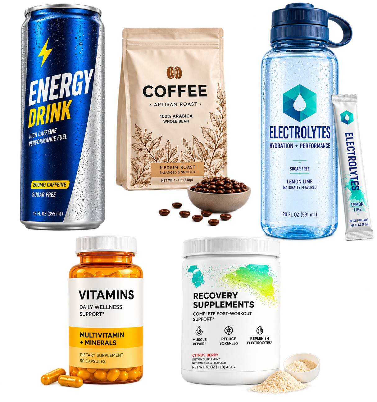 Energy drink, coffee, electrolytes, vitamins, recovery supplements