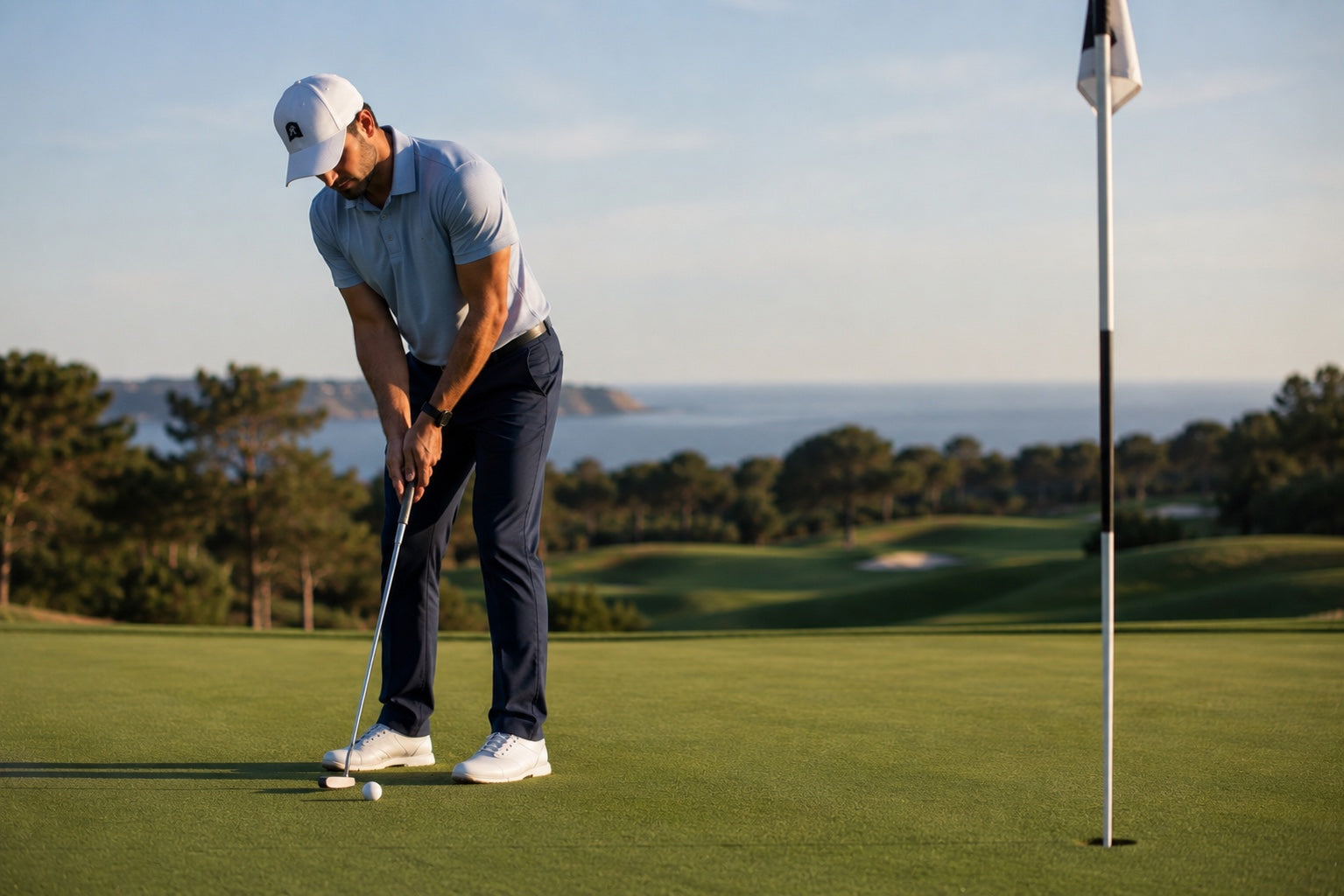 Golfer lining up a putt on the green